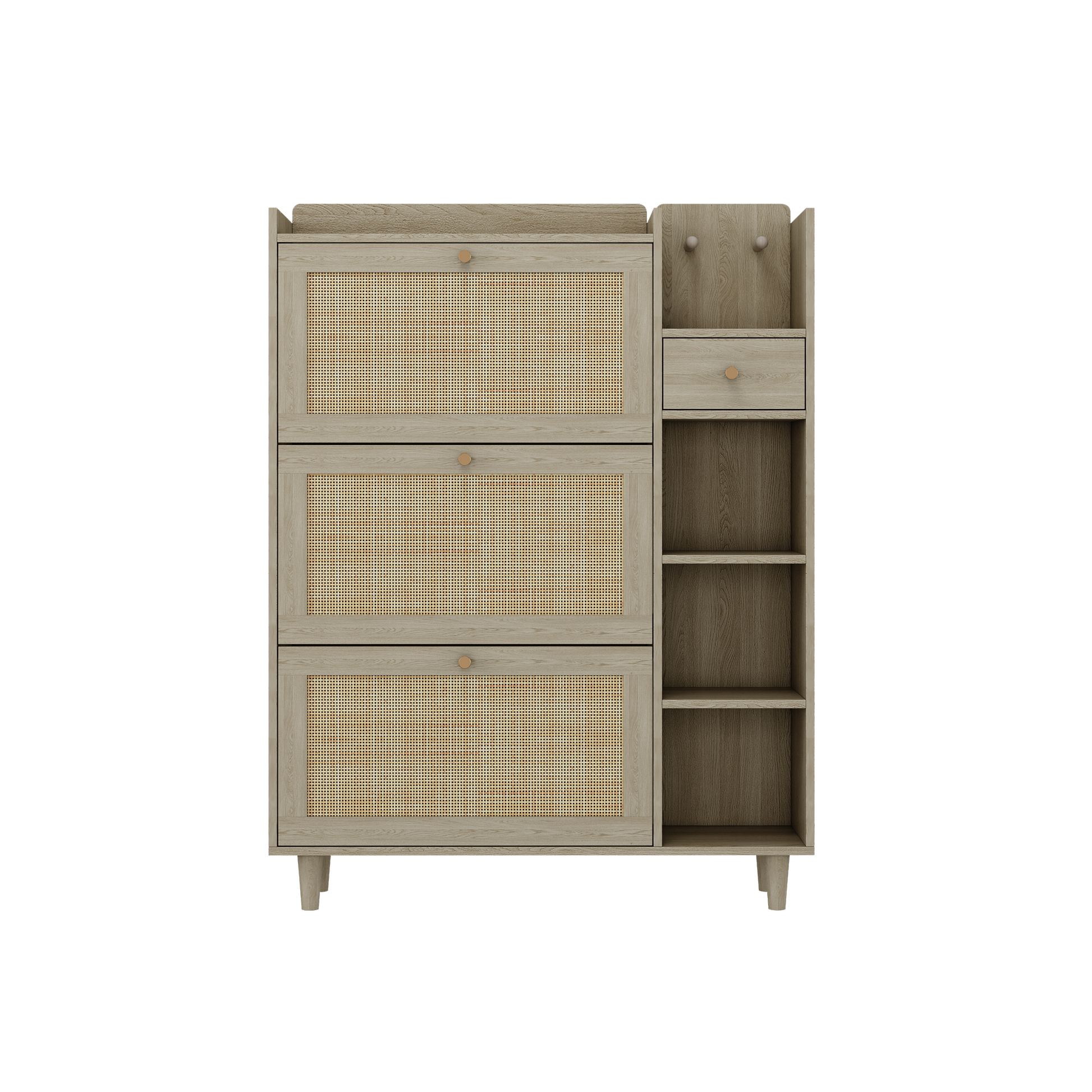Natural Bohemian style shoe cabinet with 3 rattan flip drawers, 3 square shelves, and 1 storage drawer,  Natural - Korvel