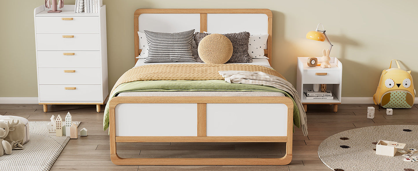Modern Style Queen Size Solid Wood Platform Bed for Kids, Teens, Adults, No Need Box Spring, Walnut and White - Korvel