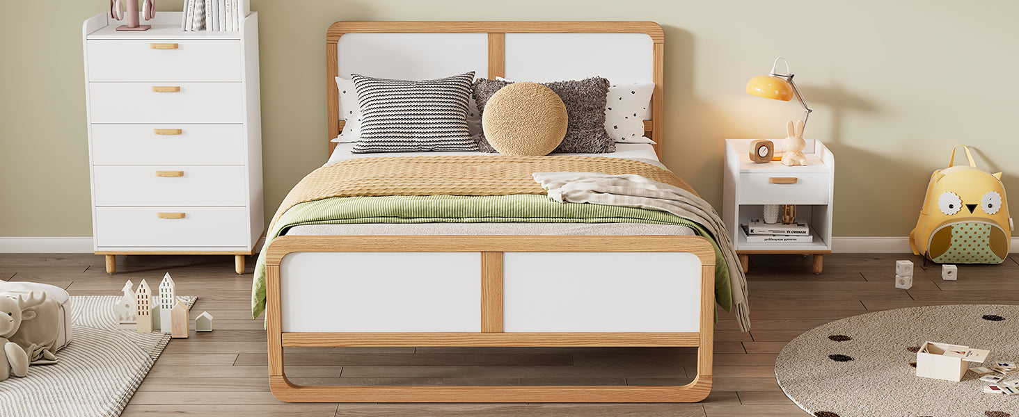 Modern Style Queen Size Solid Wood Platform Bed for Kids, Teens, Adults, No Need Box Spring, Walnut and White - Korvel