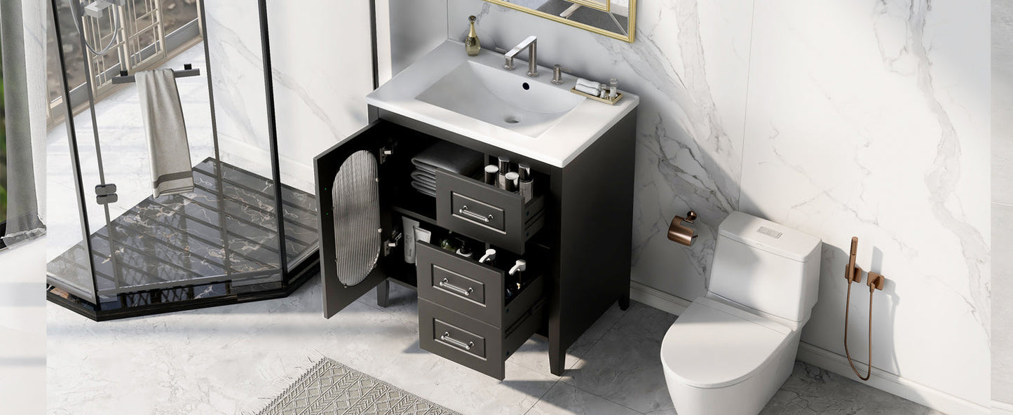 30" Bathroom Vanity with Sink, Bathroom Vanity Cabinet with Two Drawers and Door, Adjustable Shelf, Solid Wood and MDF, Black - Korvel