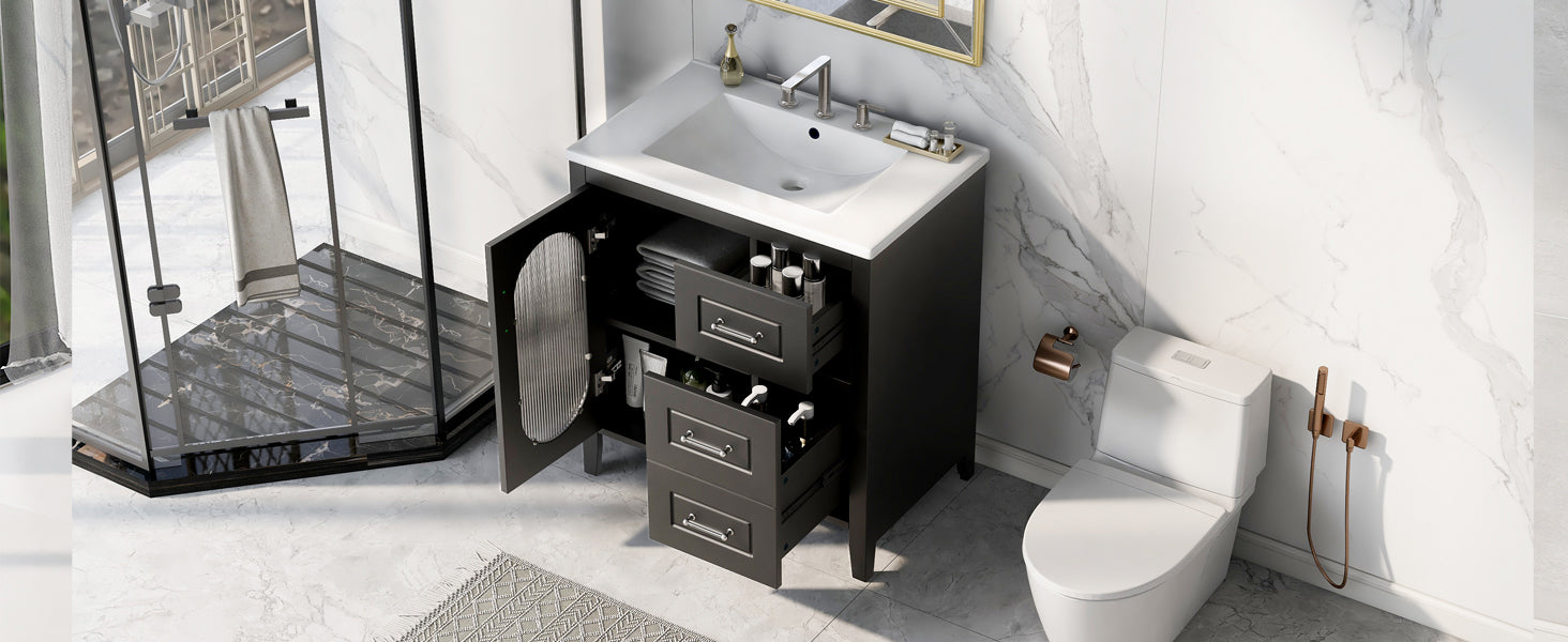 30" Bathroom Vanity with Sink, Bathroom Vanity Cabinet with Two Drawers and Door, Adjustable Shelf, Solid Wood and MDF, Black - Korvel