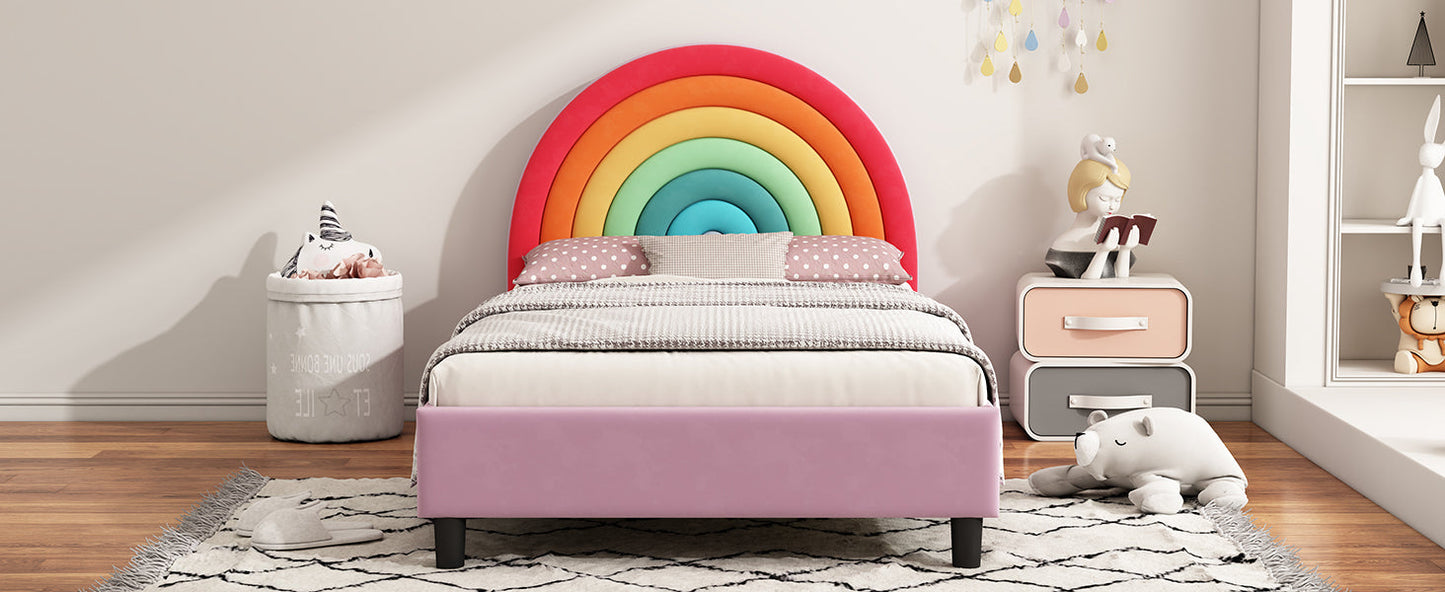 Rainbow Design Upholstered Twin Platform Bed Cute Style Princess Bed for Boys & Girls, Teens, Colorful & Pink - Korvel