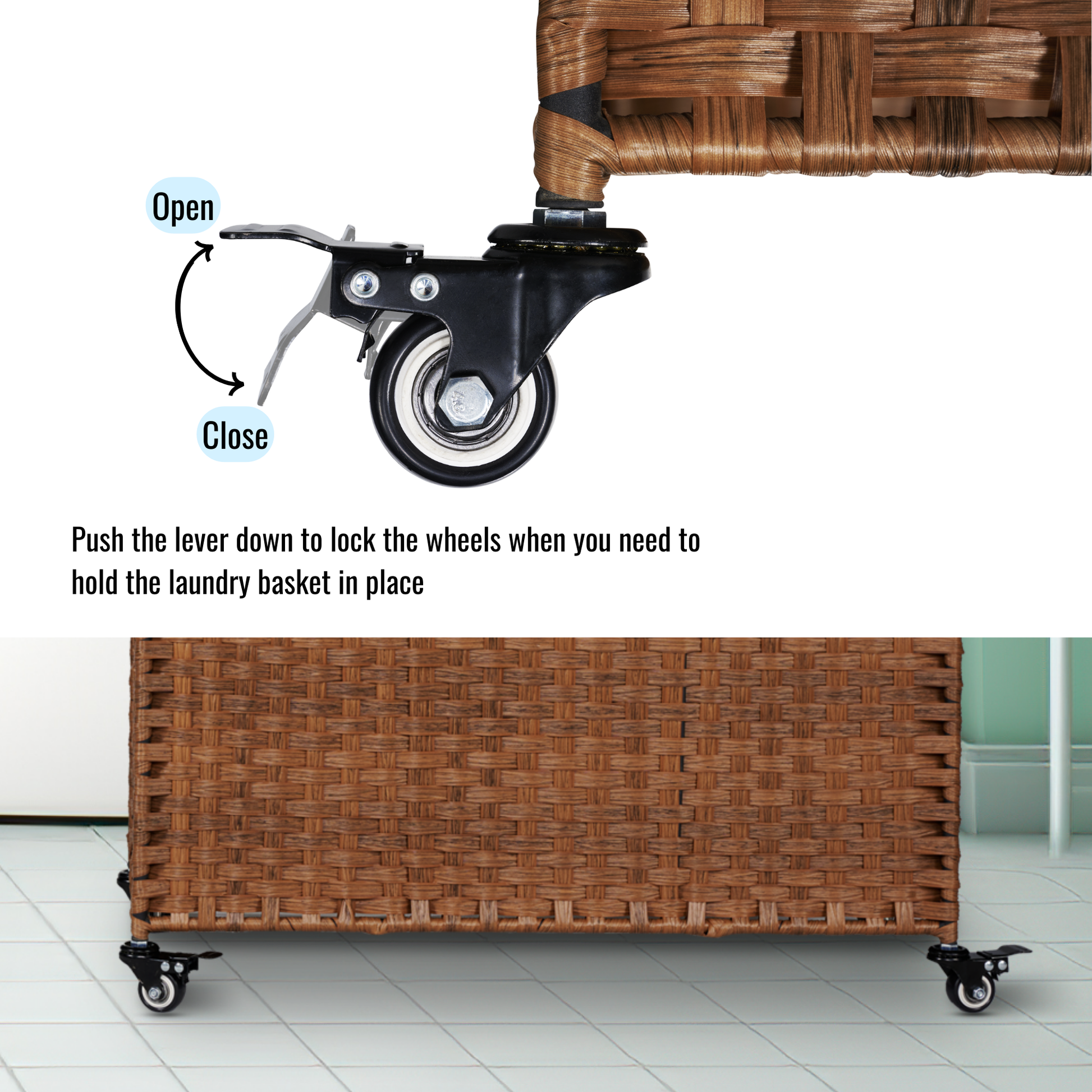 Laundry Hamper With Lid PE Rattan Powder Coating Frame Clothes Hampers with 02 Removable Bags, Wheels, 160L, Brown Color - Korvel