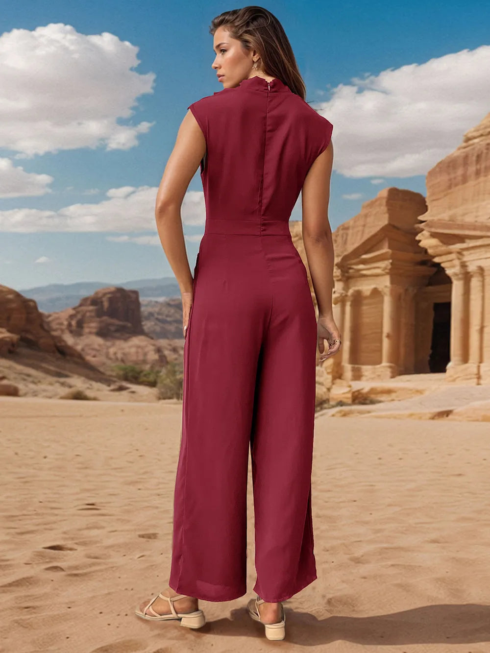 Ruched Mock Neck Sleeveless Jumpsuit - Korvel