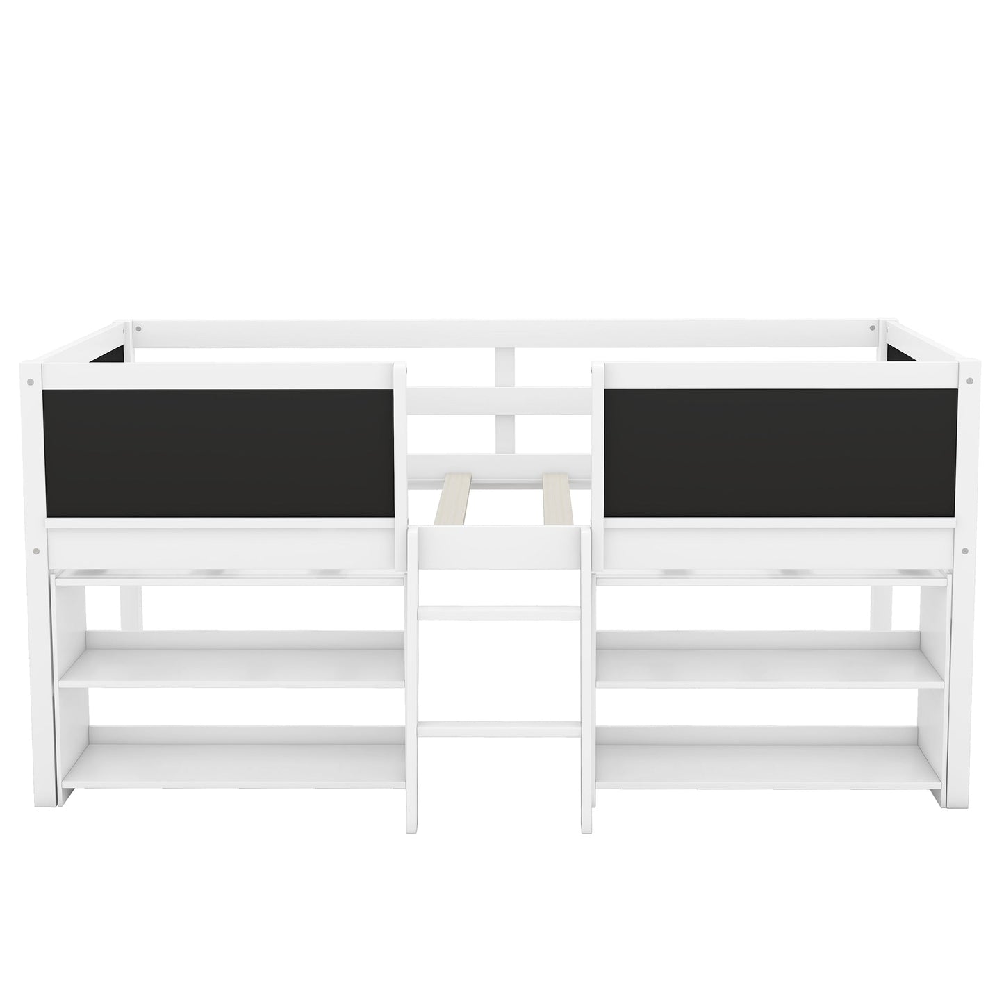 Twin Size Low Loft Bed with Two Movable Shelves and Ladder,with Decorative Guardrail Chalkboard,White - Korvel