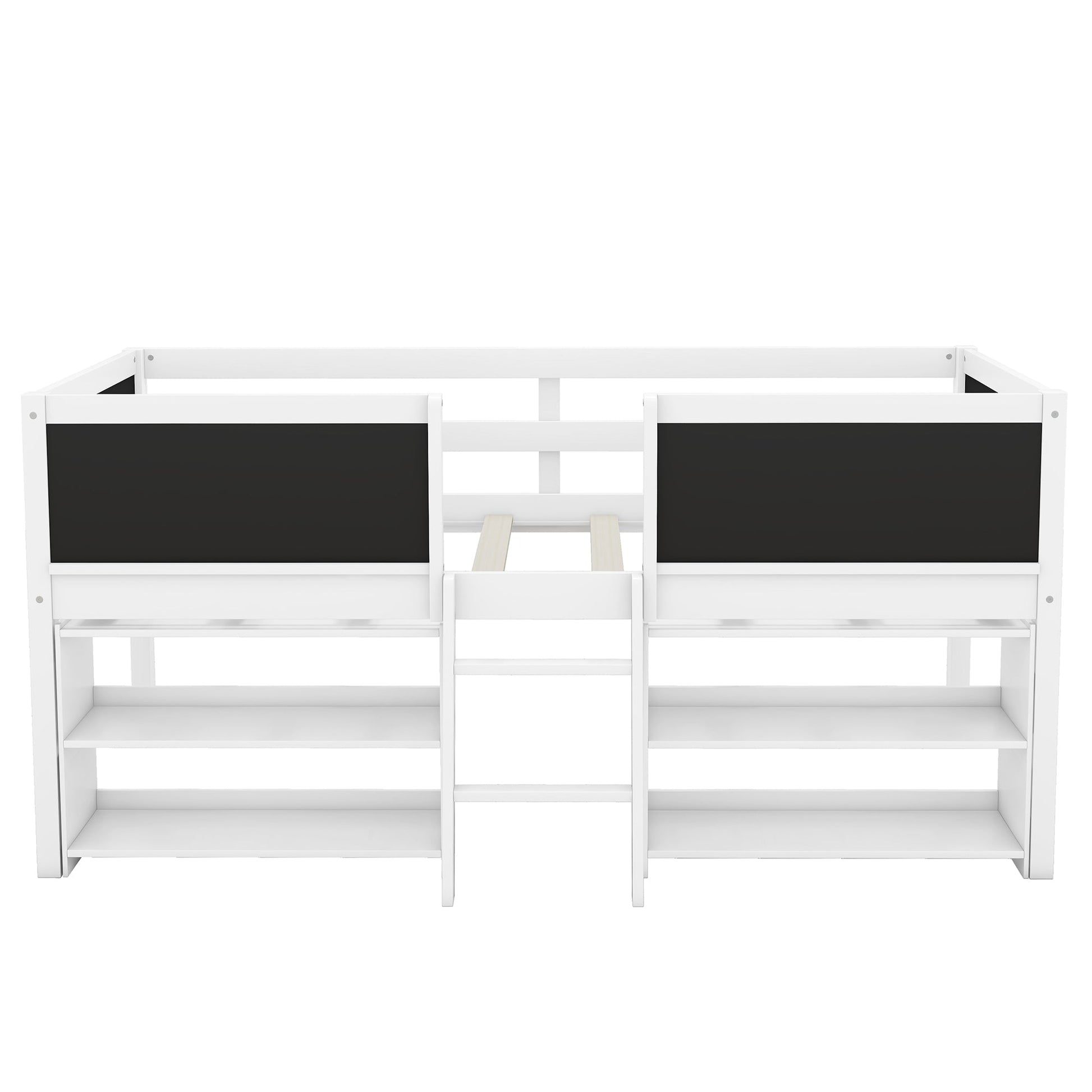 Twin Size Low Loft Bed with Two Movable Shelves and Ladder,with Decorative Guardrail Chalkboard,White - Korvel