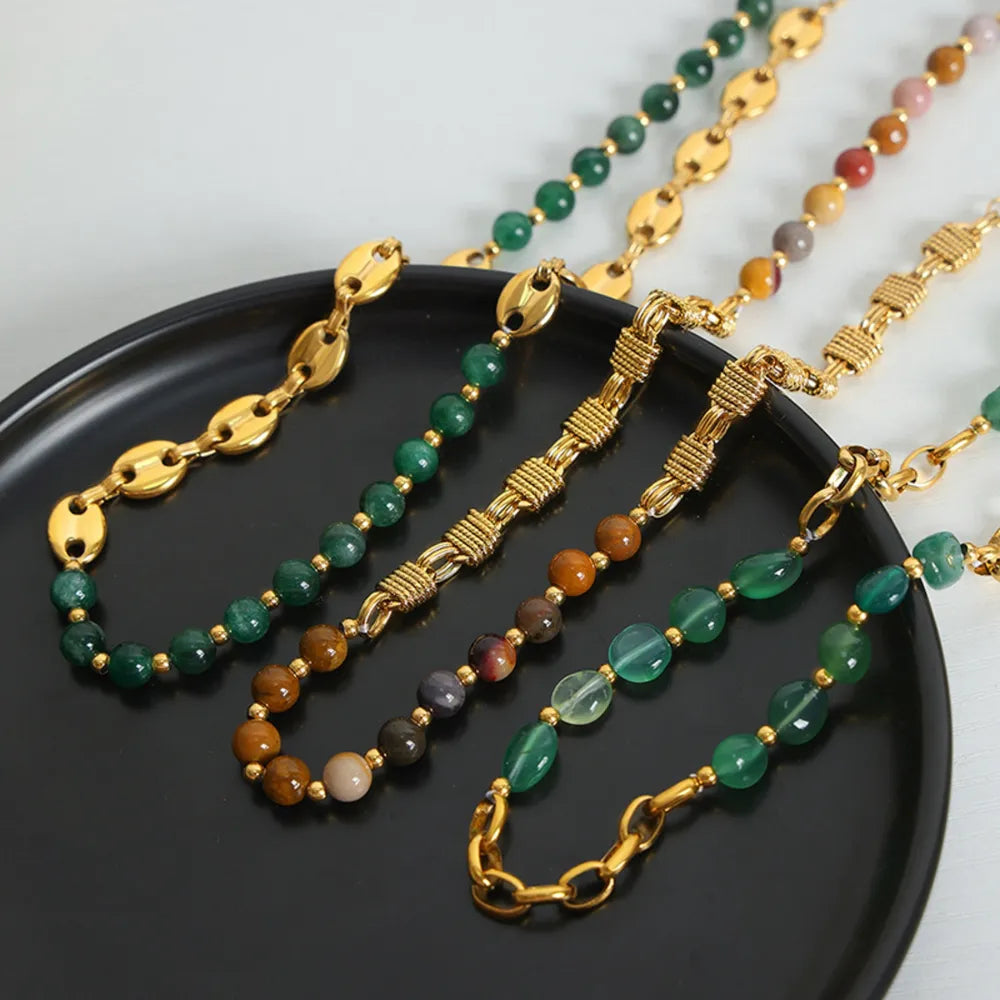 Collier en Chaîne de Perles d'Agate Élégant en Acier Titane Plaqué Or
