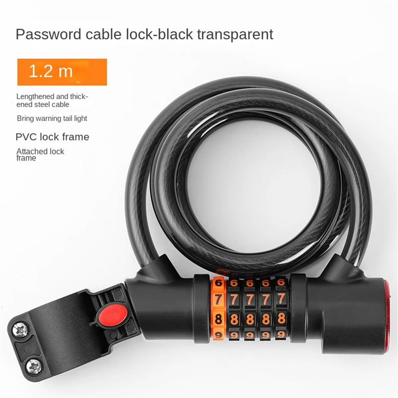 1.2M/1.8M Bike Lock Anti-theft 5 Digit Combination Password Security Lock With LED Light MTB Road Bike Steel Cable Bicycle Lock - Korvel