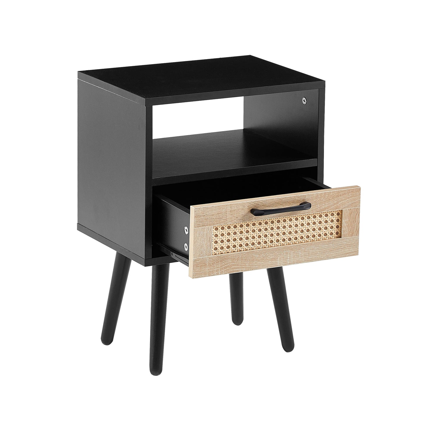 15.75" Rattan End table with drawer and solid wood legs Modern nightstand side table for living room black - Korvel