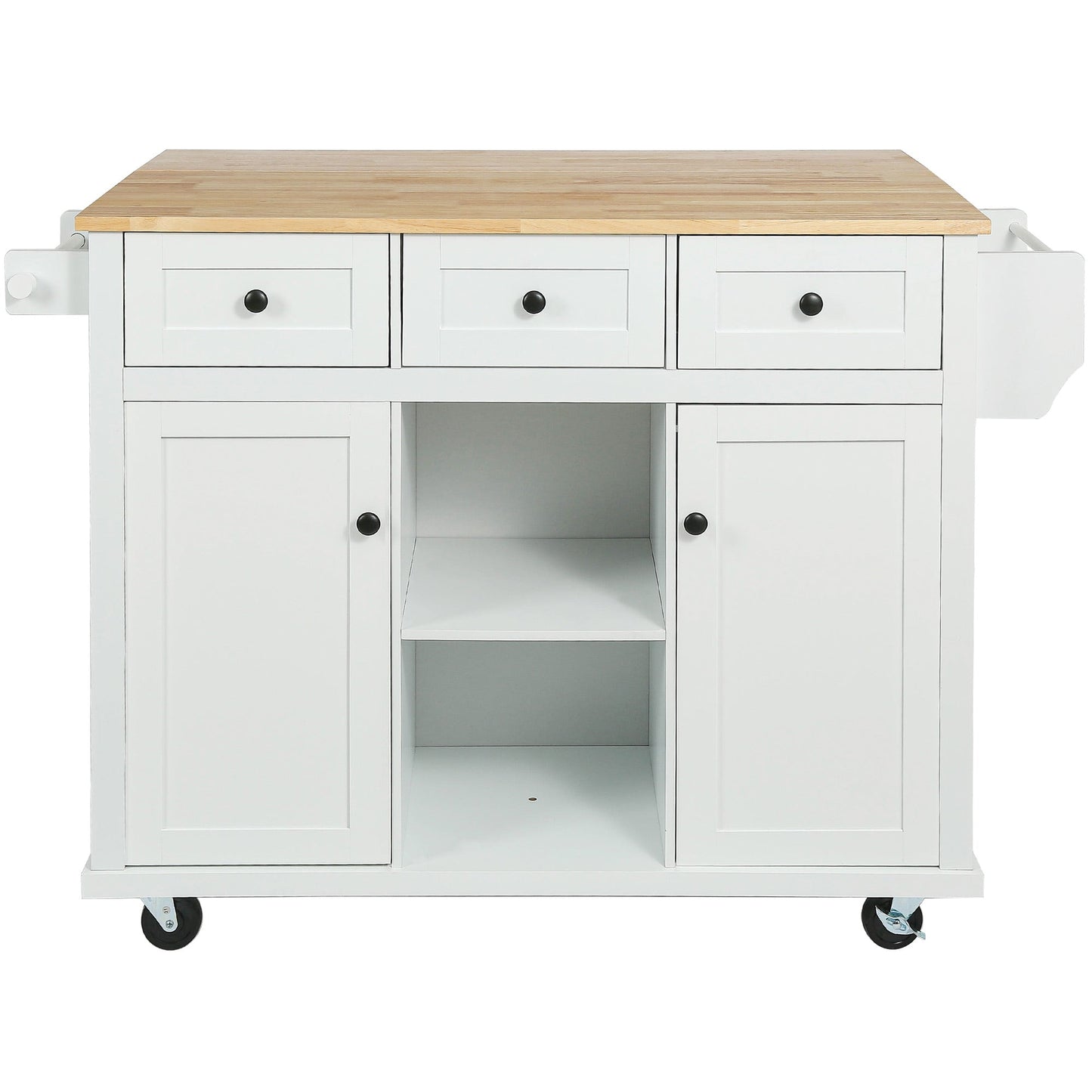 Kitchen trolley with rubber wood leaf countertop, 5-wheel kitchen island, storage cabinet and 3 dining drawers, white - Korvel