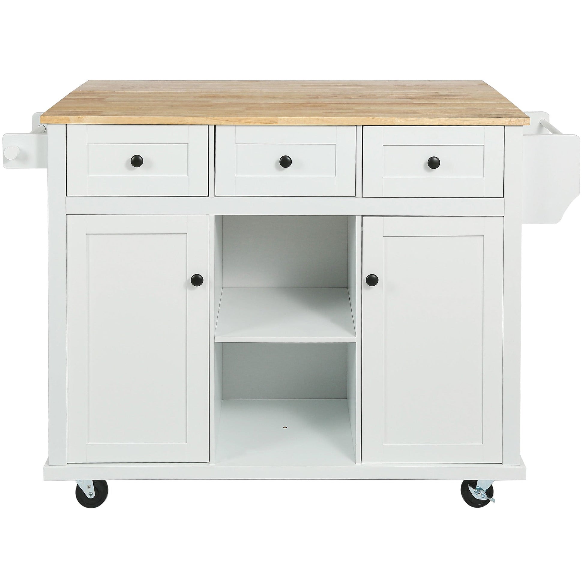 Kitchen trolley with rubber wood leaf countertop, 5-wheel kitchen island, storage cabinet and 3 dining drawers, white - Korvel