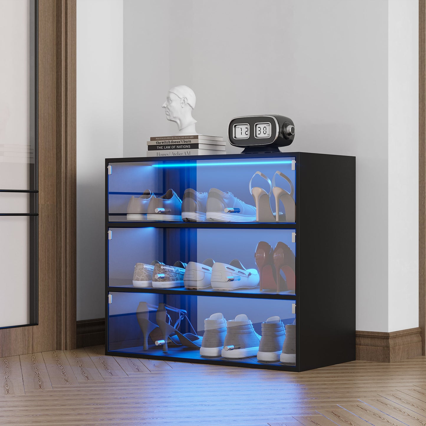 Black Glass Door Shoe Box Shoe Storage Cabinet With RGB Led Light - Korvel