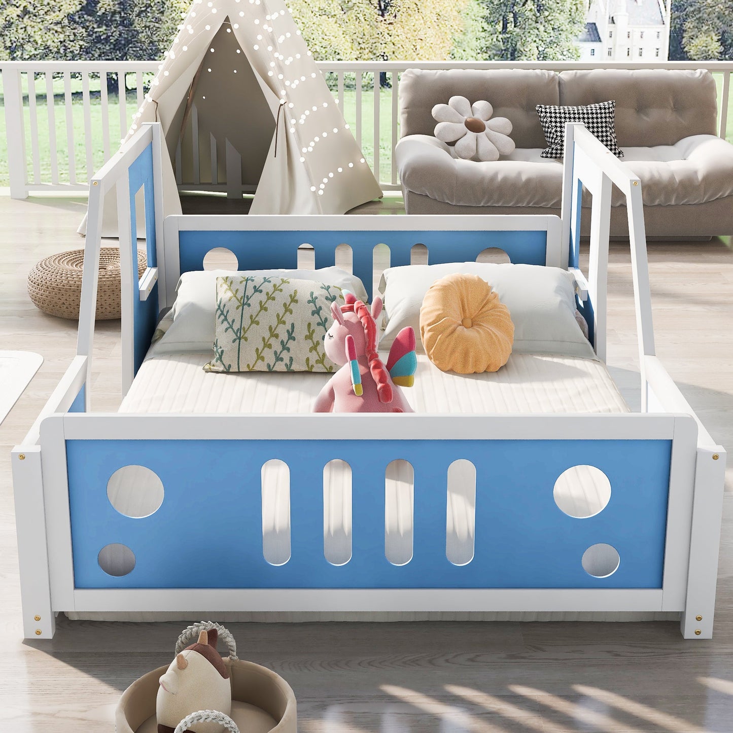 Full Size Classic Car-Shaped Platform Bed with Wheels,Blue - Korvel