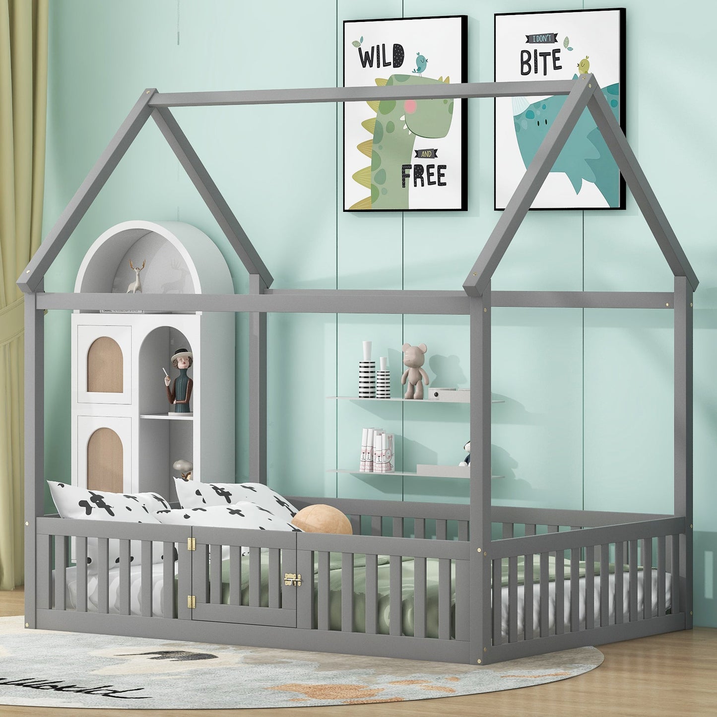 Full Size Wood House Bed with Fence and Door, Gray - Korvel