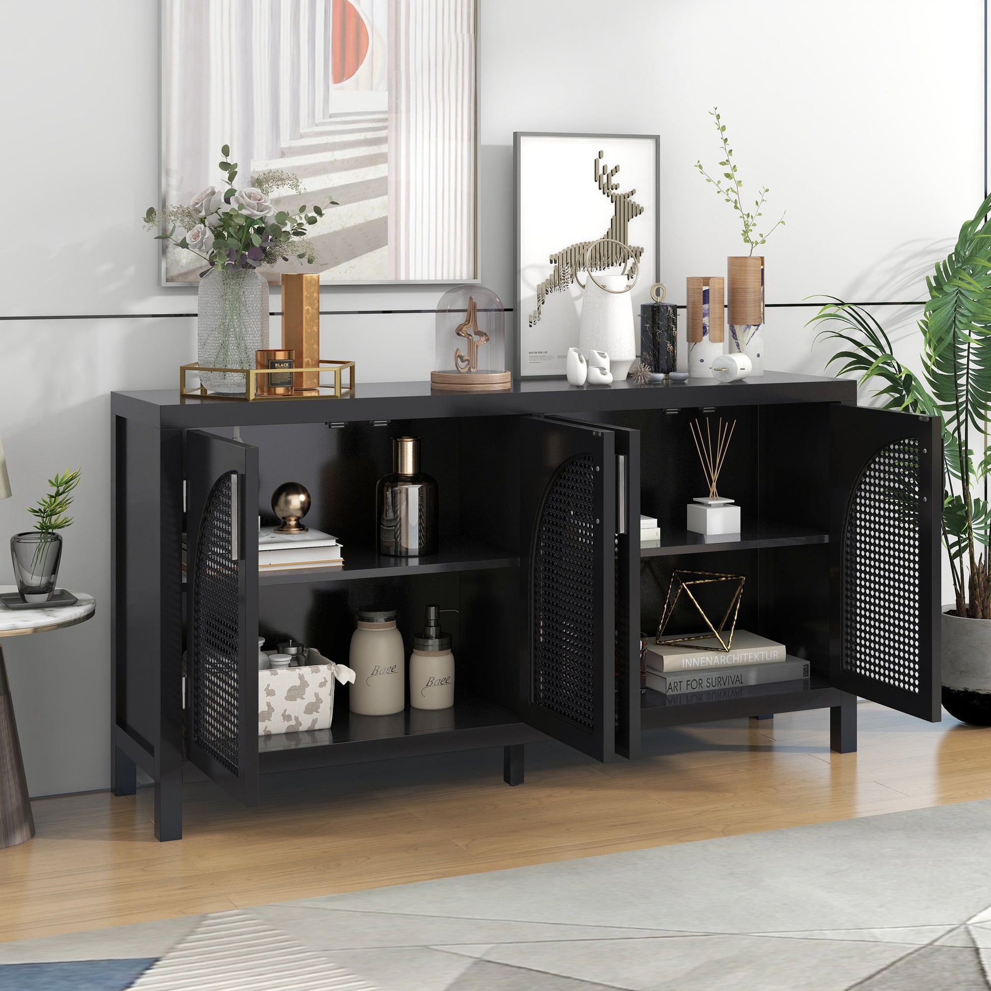 TREXM Large Storage Space Sideboard with Artificial Rattan Door and Metal Handles for Living Room and Entryway (Black) - Korvel