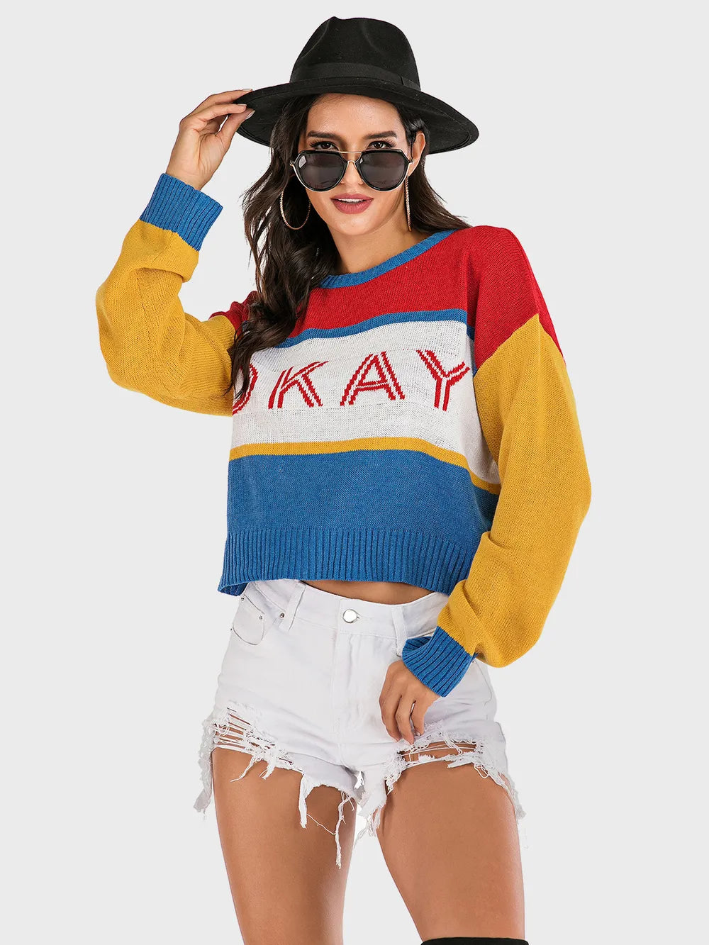 Contrast Dropped Shoulder Long Sleeve Sweater - Korvel