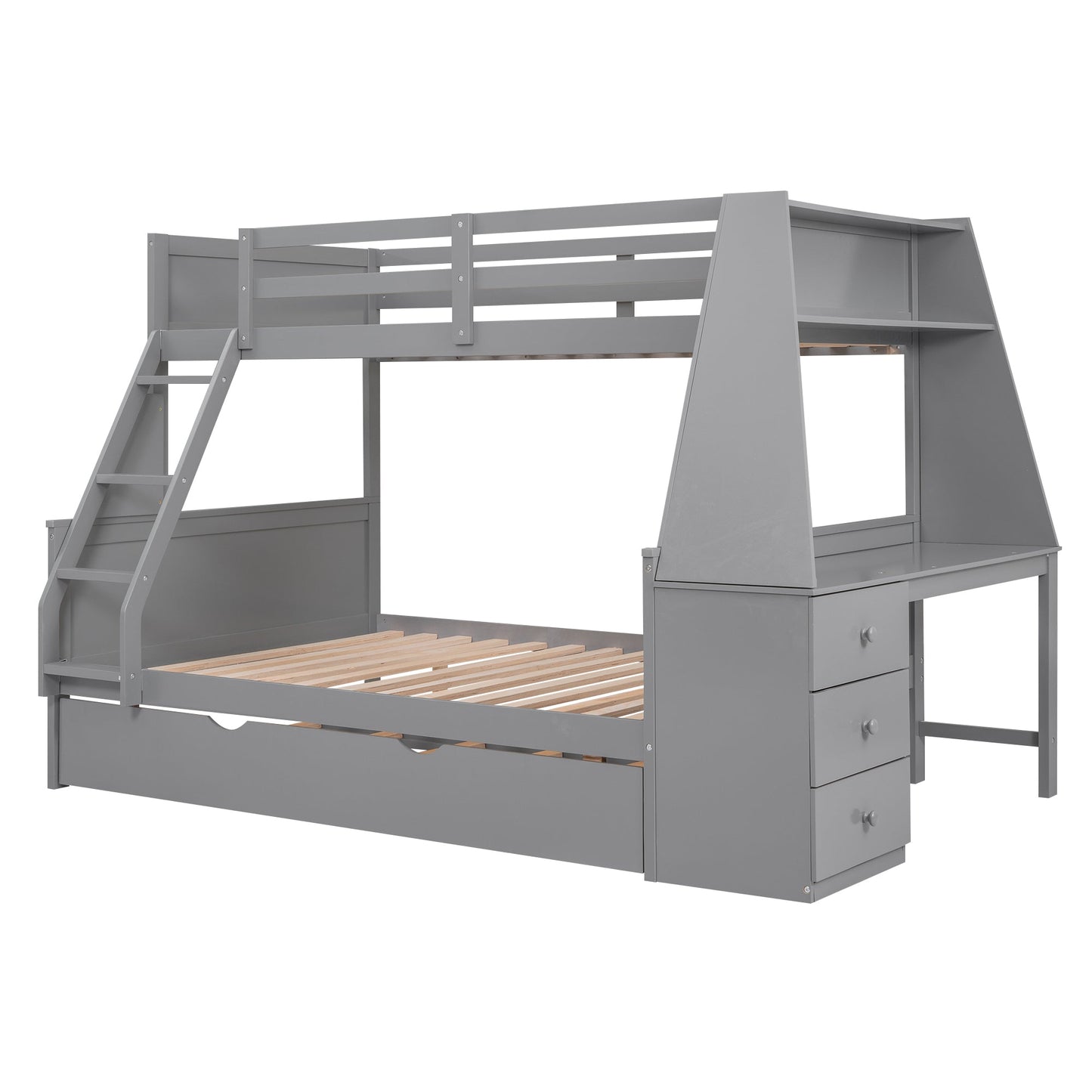 Lit superposé jumeau sur grand lit avec lit gigogne et bureau en gris