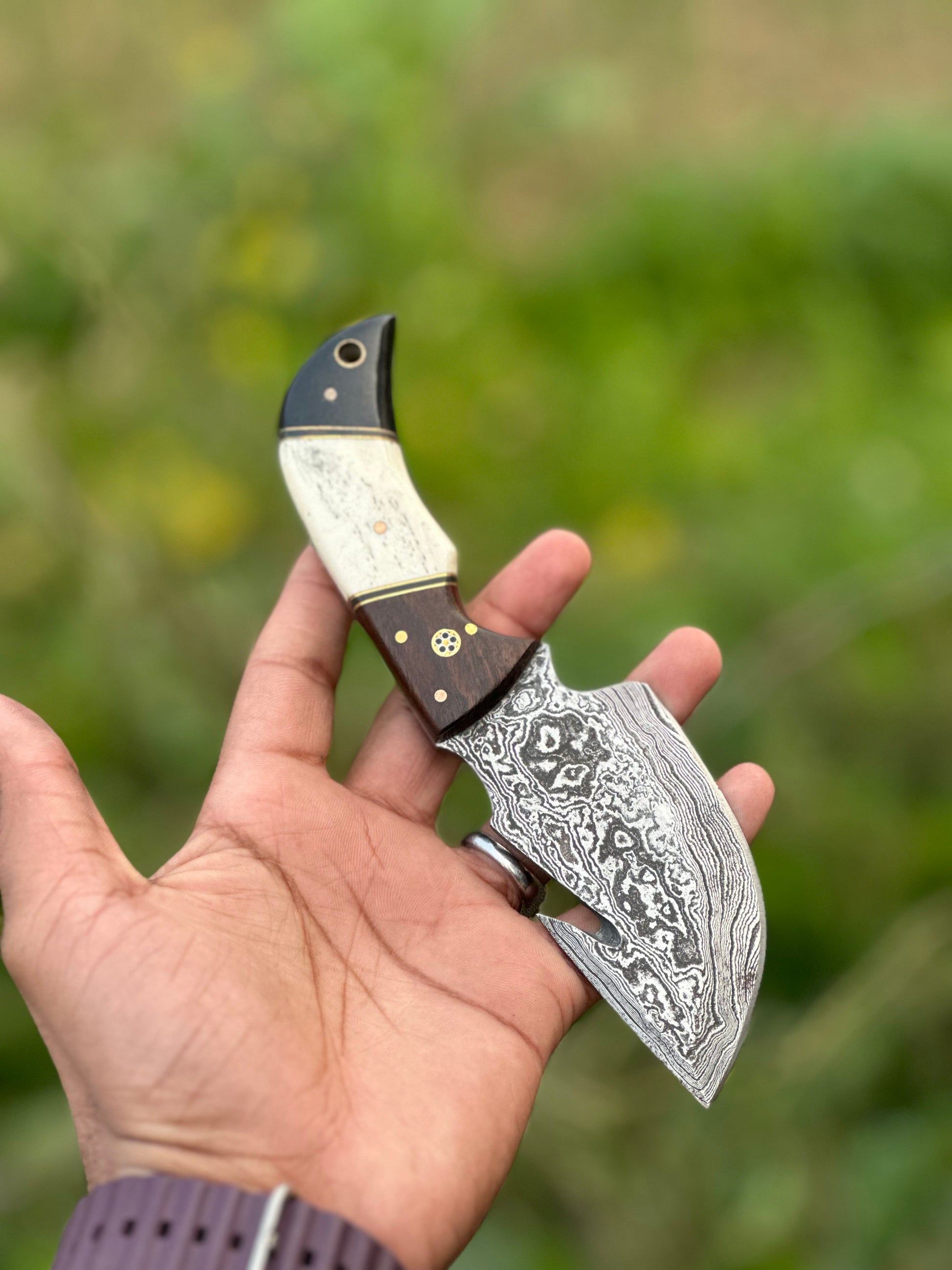 Artisan Damascus Steel Guthook Skinning Knife with Exotic Handle - 7.5” with Leather Sheath - Korvel