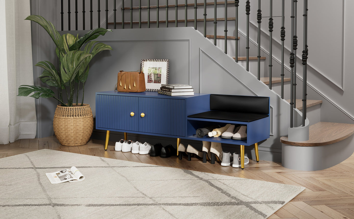 Modern Navy Shoe Storage Bench with Hidden Storage & Cushions