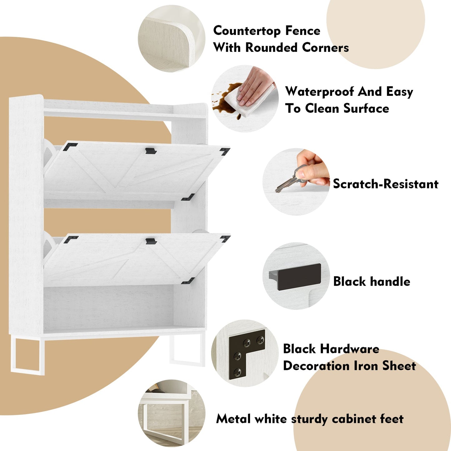 Elegant White Shoe Cabinet with 2 Flip Drawers