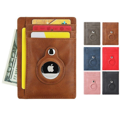 AirTag multi-card slot Apple tracker anti-lost protective cover card bag anti-theft brush Crazy Horse PU leather RFID bag - Korvel