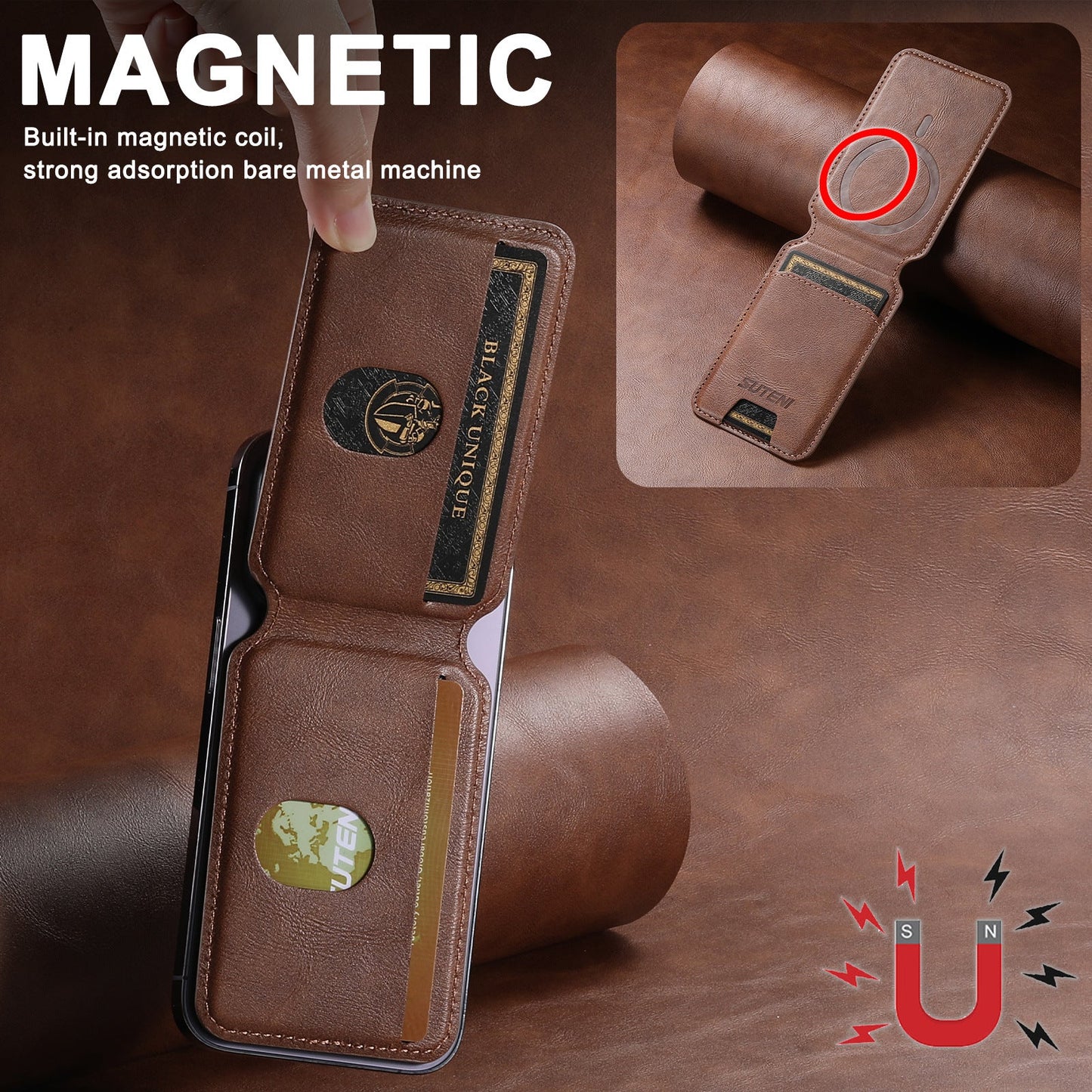 Premium PU Leather Magnetic Card Holder for Mobile Phones