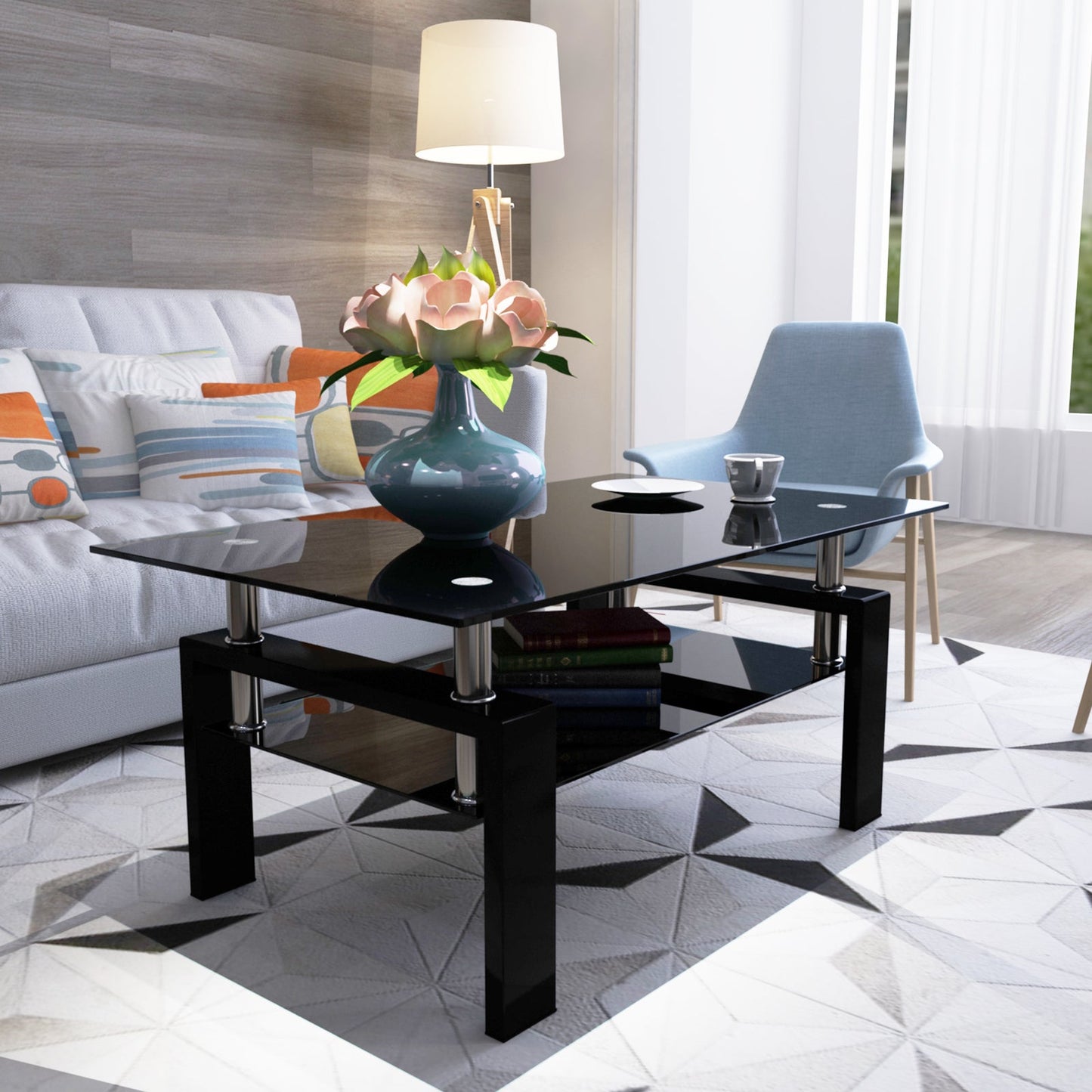 Rectangle Black Glass Coffee Table  Clear Coffee Table Modern Side Center Tables for Living Room Living Room Furniture - Korvel