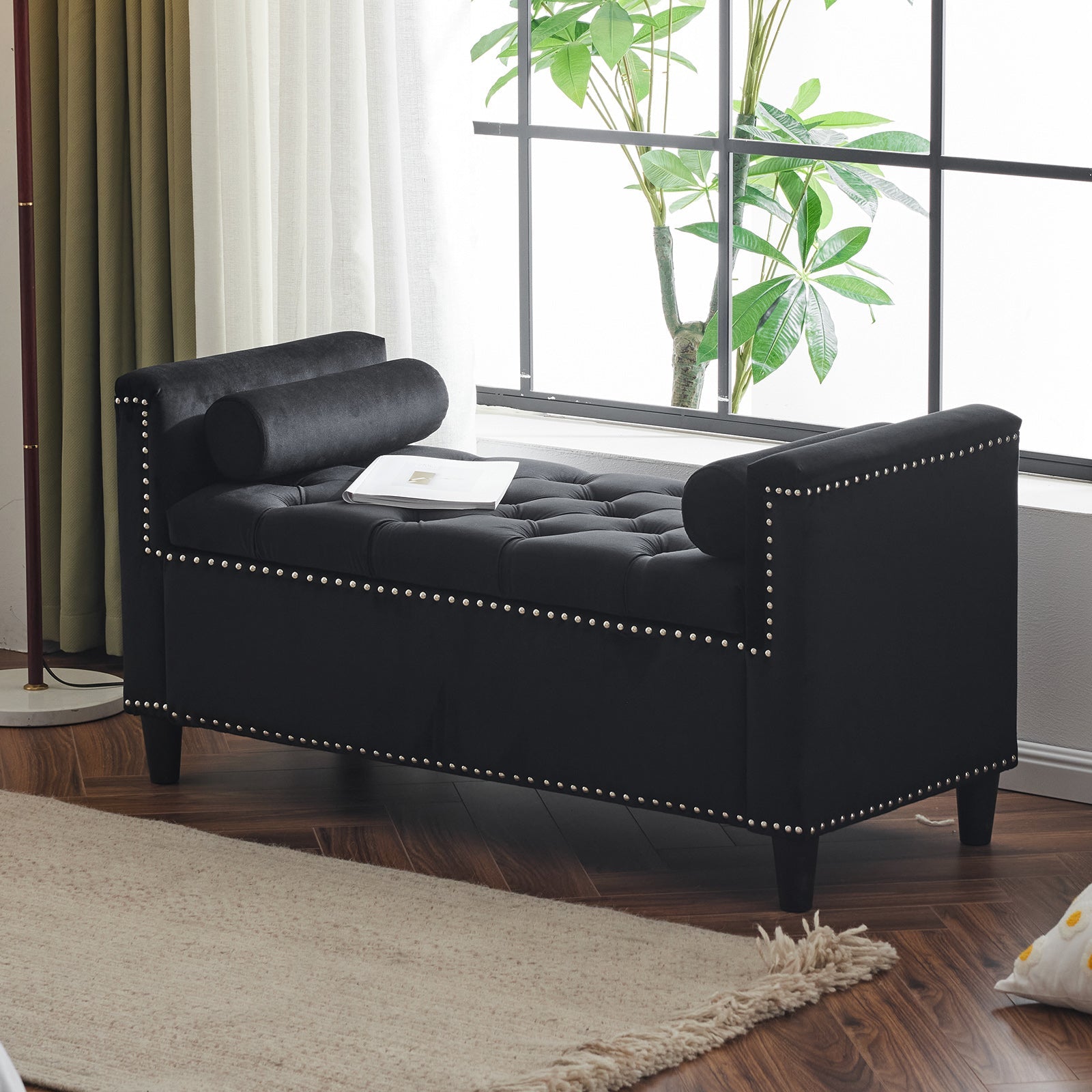 Storage Bench, 44.5-Inch Queen Velvet Button Bedside Bench, Entryway Living Room with Armrests, Nailhead Trim  Black - Korvel