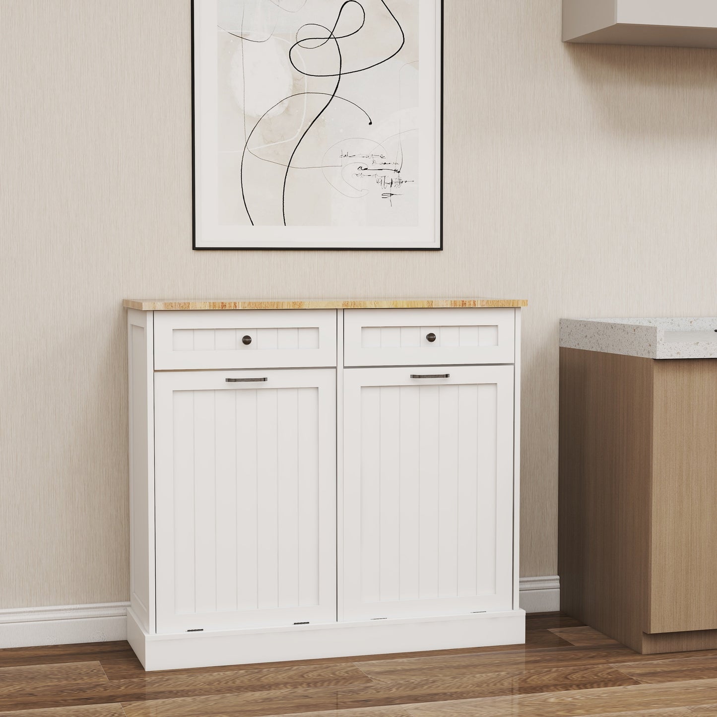 Two Drawers and Two-Compartment Tilt-Out Trash Cabinet Kitchen Trash Cabinet-White - Korvel