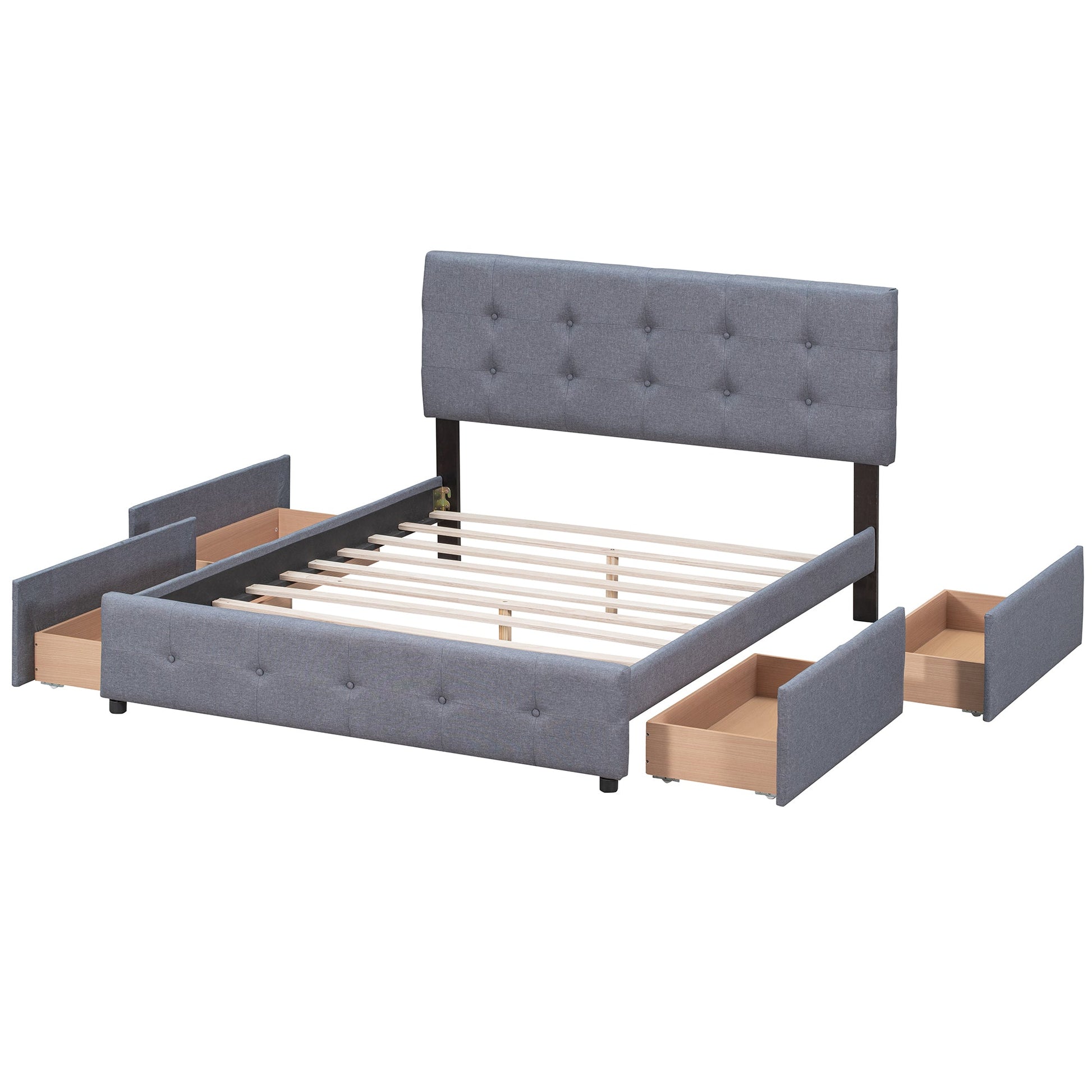 Upholstered Platform Bed with Classic Headboard and 4 Drawers No Box Spring Needed Linen Fabric Queen Size Dark gray - Korvel
