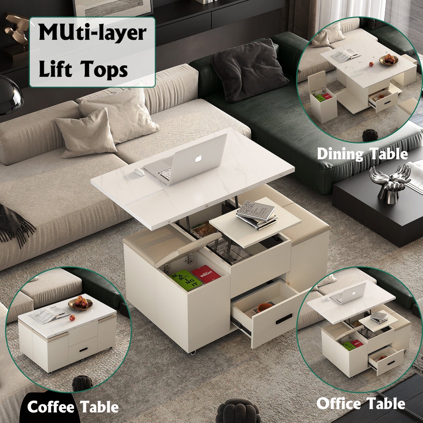 Modern Lift-Up Coffee Table with Storage and Stools