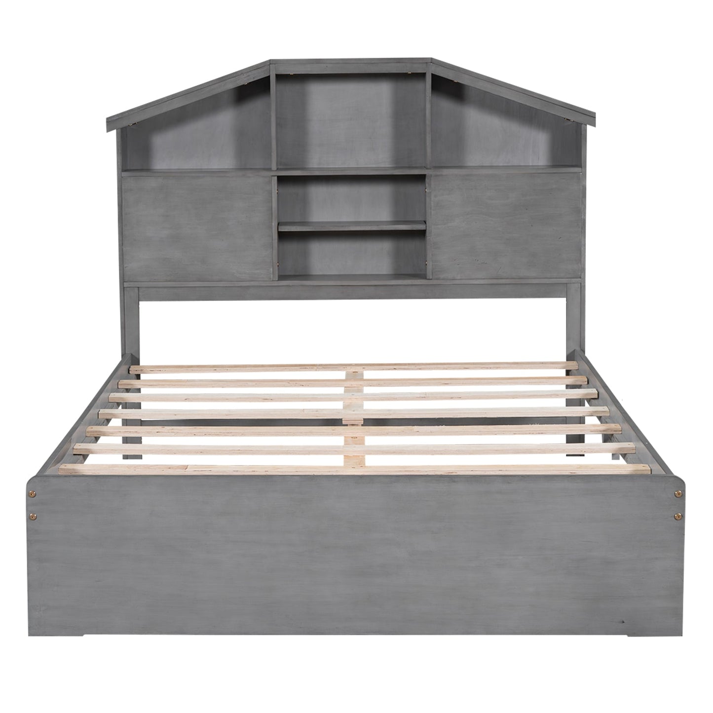 Full Size Wood Platform Bed with Storage Headboard - Gray