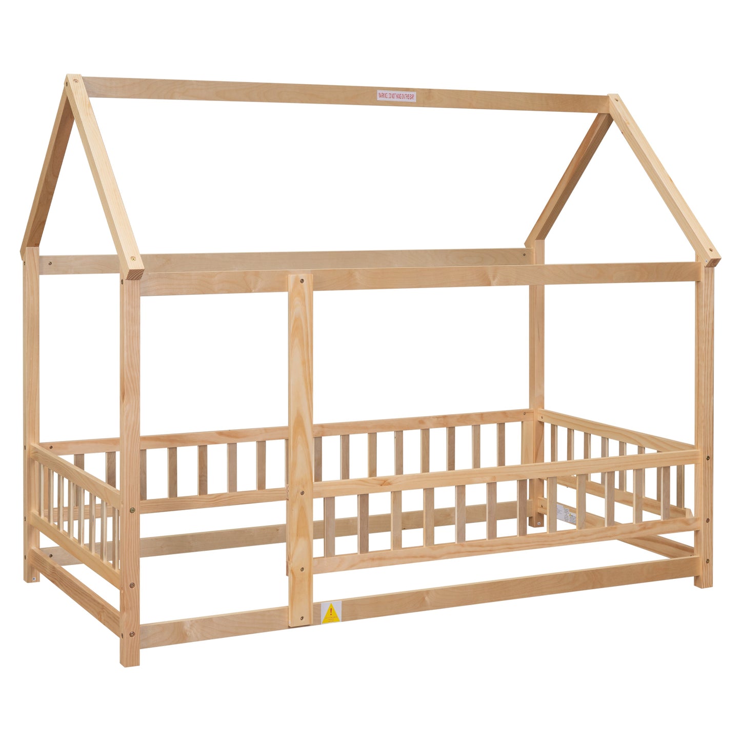 Lit en bois taille twin avec cadre de toit de maison et barrières de sécurité