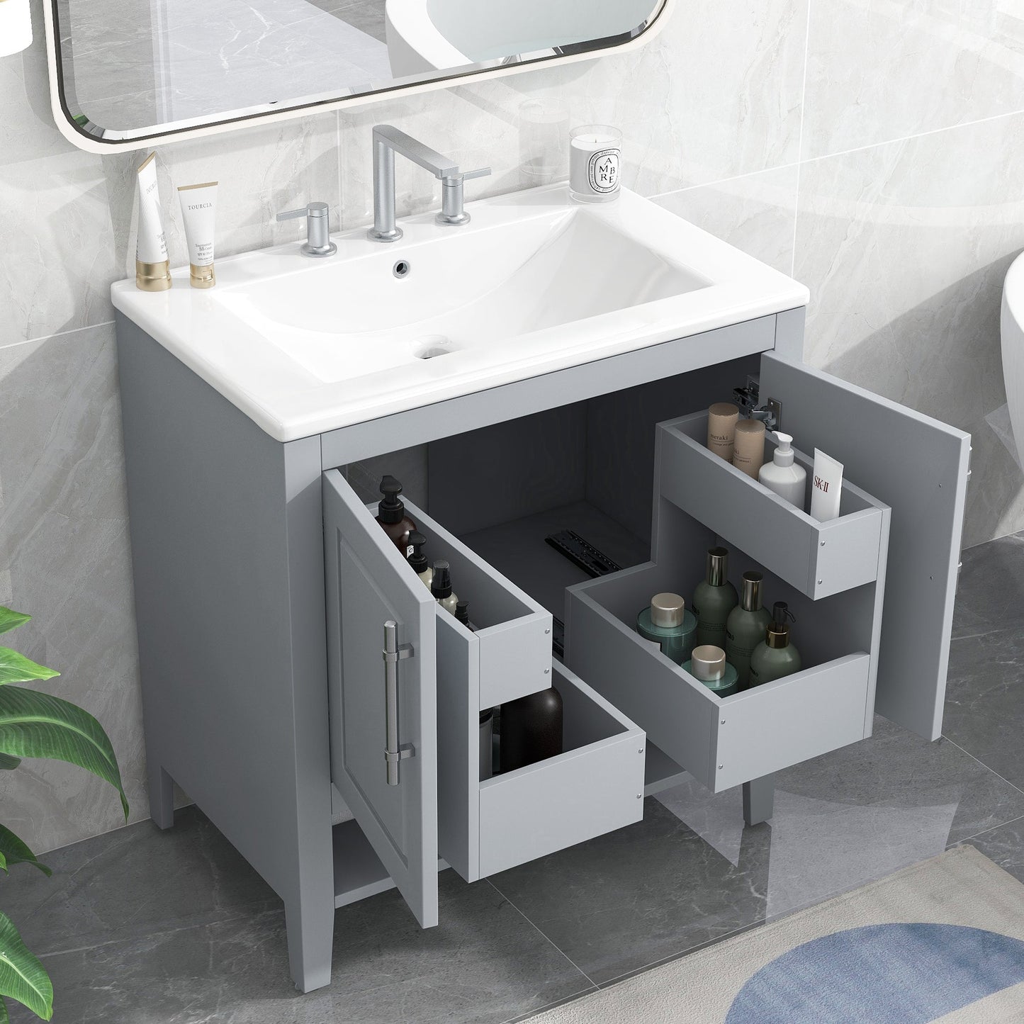30" Bathroom Vanity with Sink, Multi-functional Bathroom Cabinet with Doors and Drawers, Solid Frame and MDF Board, Grey - Korvel