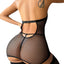 PU leather zipper sexy fishing net lace perspective hanging neck nightgown set for women - Korvel