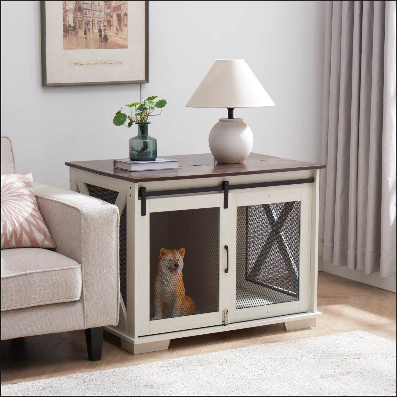 Farm kennel Flat noodles furniture with sliding barn door, farm wooden kennel end table, dog house with removable partition - Korvel