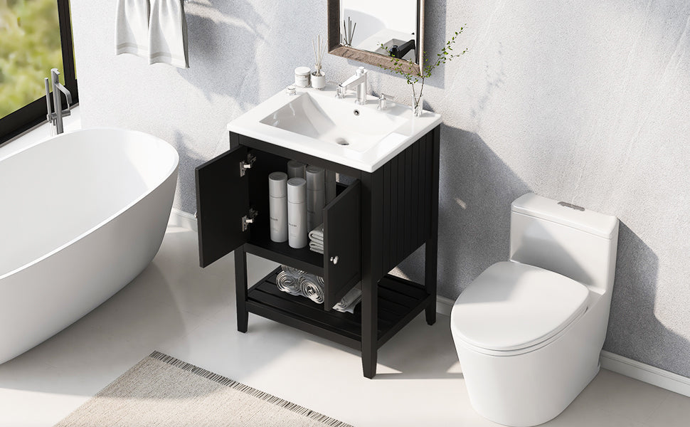 Meuble de salle de bain moderne noir de 24" avec évier en céramique élégant