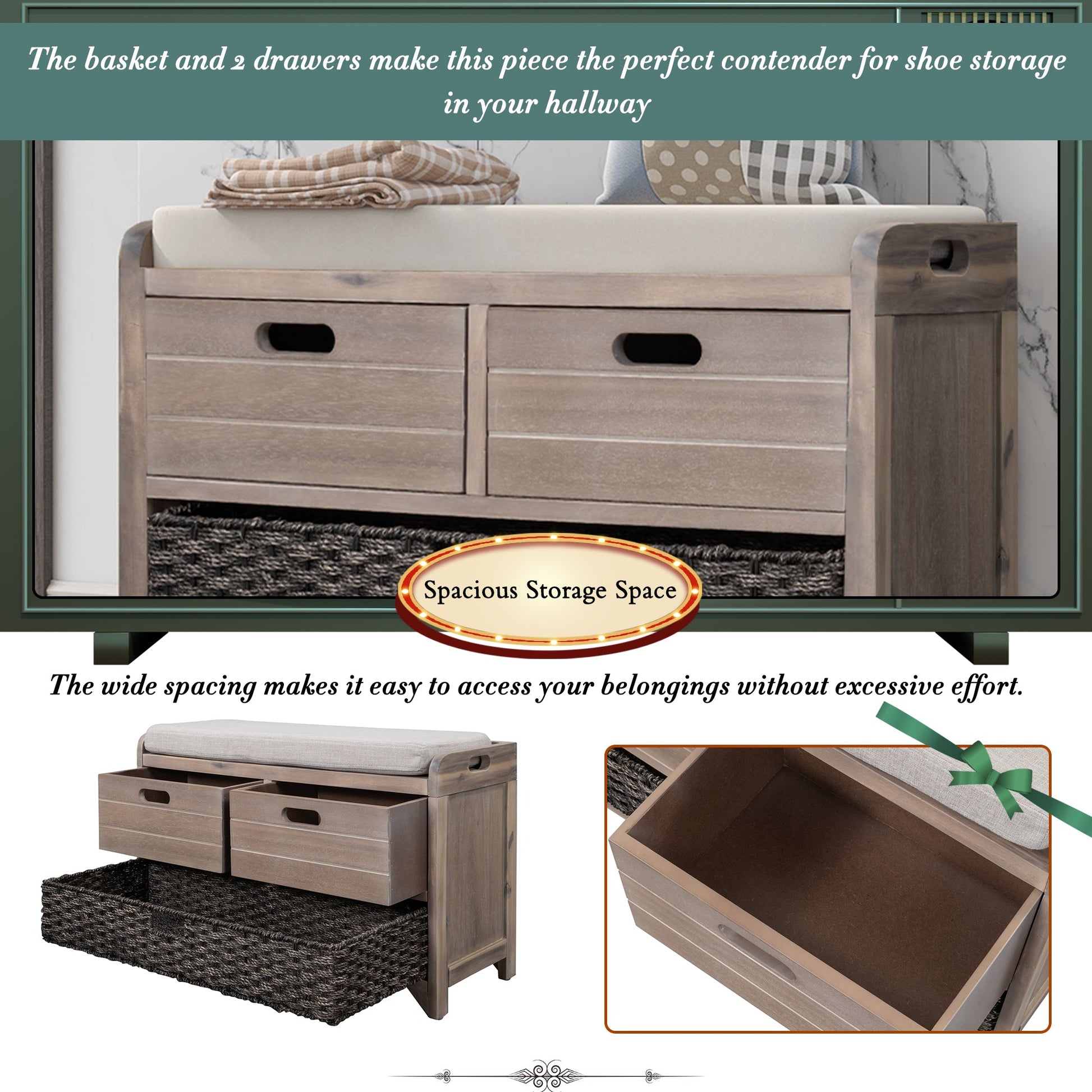 TREXM Storage Bench with Removable Basket and 2 Drawers, Fully Assembled Shoe Bench with Removable Cushion (White Washed) - Korvel