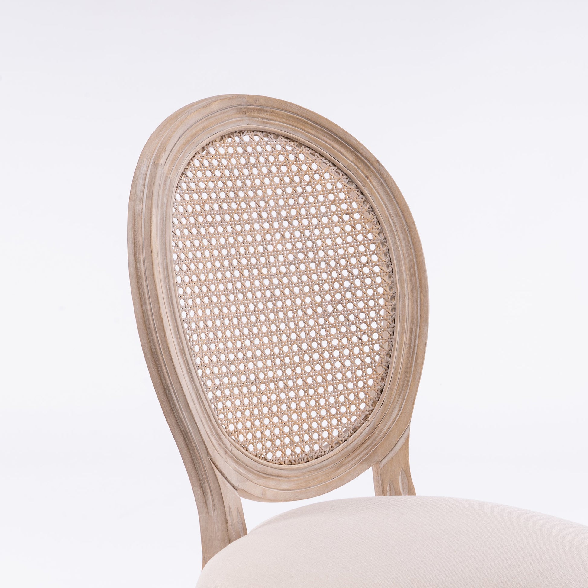 French Style Solid Wood Frame Antique Painting Linen Fabric Rattan Back Dining Chair Set of 2 Cream - Korvel