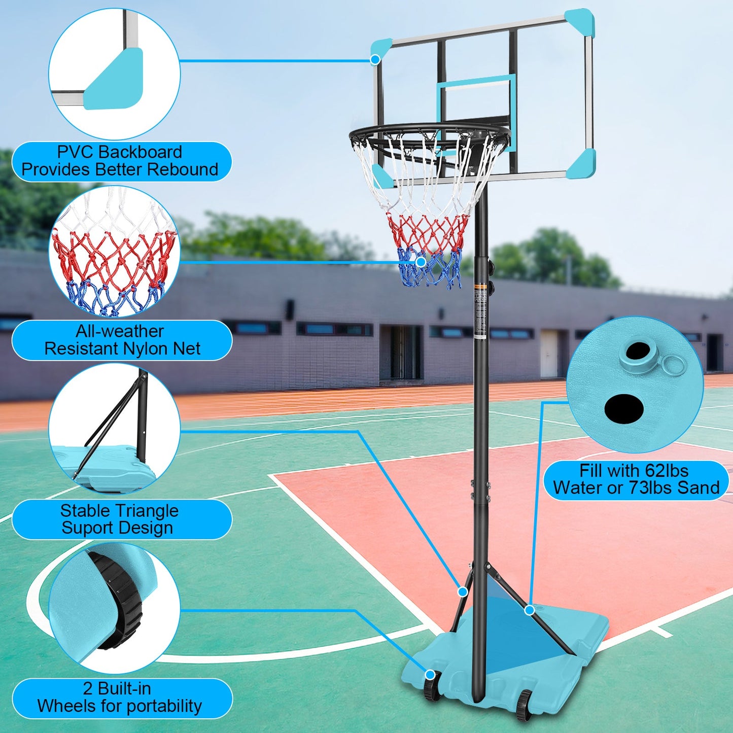 Portable Basketball Goal System with Stable Base and Wheels use for Indoor Outdoor teenagers youth height adjustable - Korvel