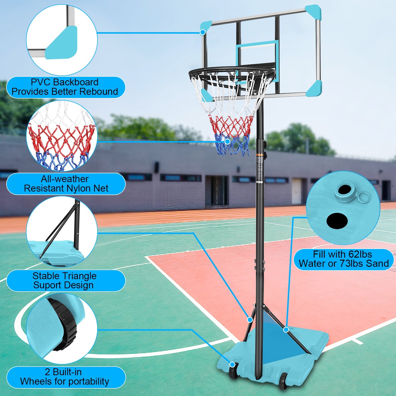 Portable Basketball Goal System with Stable Base and Wheels use for Indoor Outdoor teenagers youth height adjustable - Korvel
