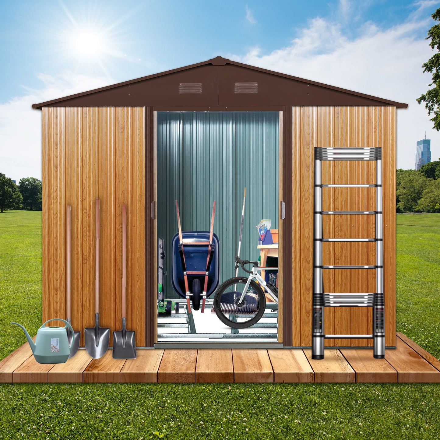 8ft x 6ft Outdoor Metal Storage Shed with Floor Base Coffee(W540S00014) - Korvel