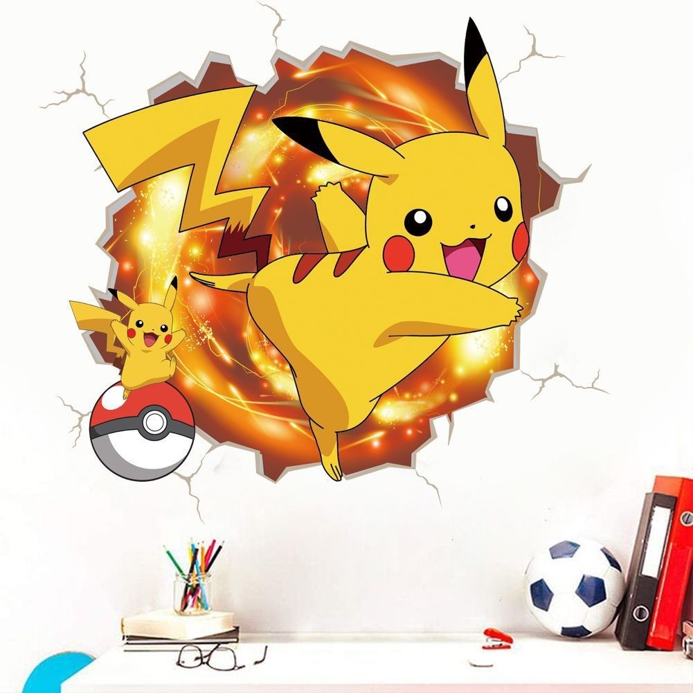 New 3D Pikachu Wall Sticker Pok é mon Wallpaper Self adhesive Cartoon Graffiti Anime Poster Children's Room PVC - Korvel