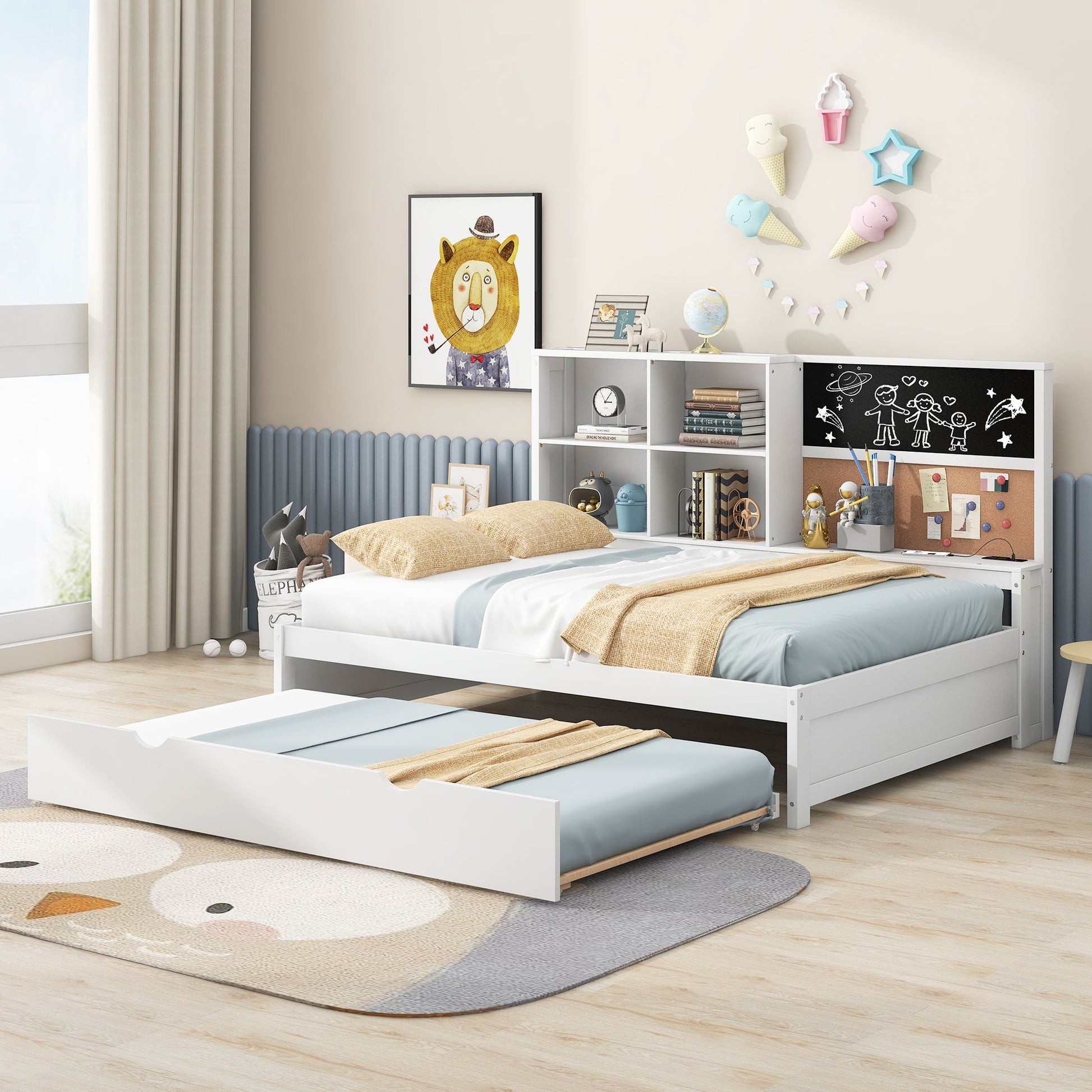 Full Size Daybed with Storage Shelves, Blackboard, Cork board, USB Ports and Twin Size Trundle  White - Korvel