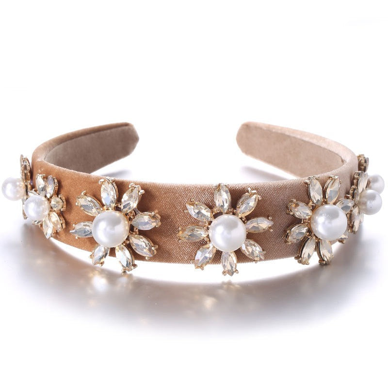 Retro Baroque Large Pearl Flower Set with Colorful Diamonds Fashion Hair Hoop - Korvel