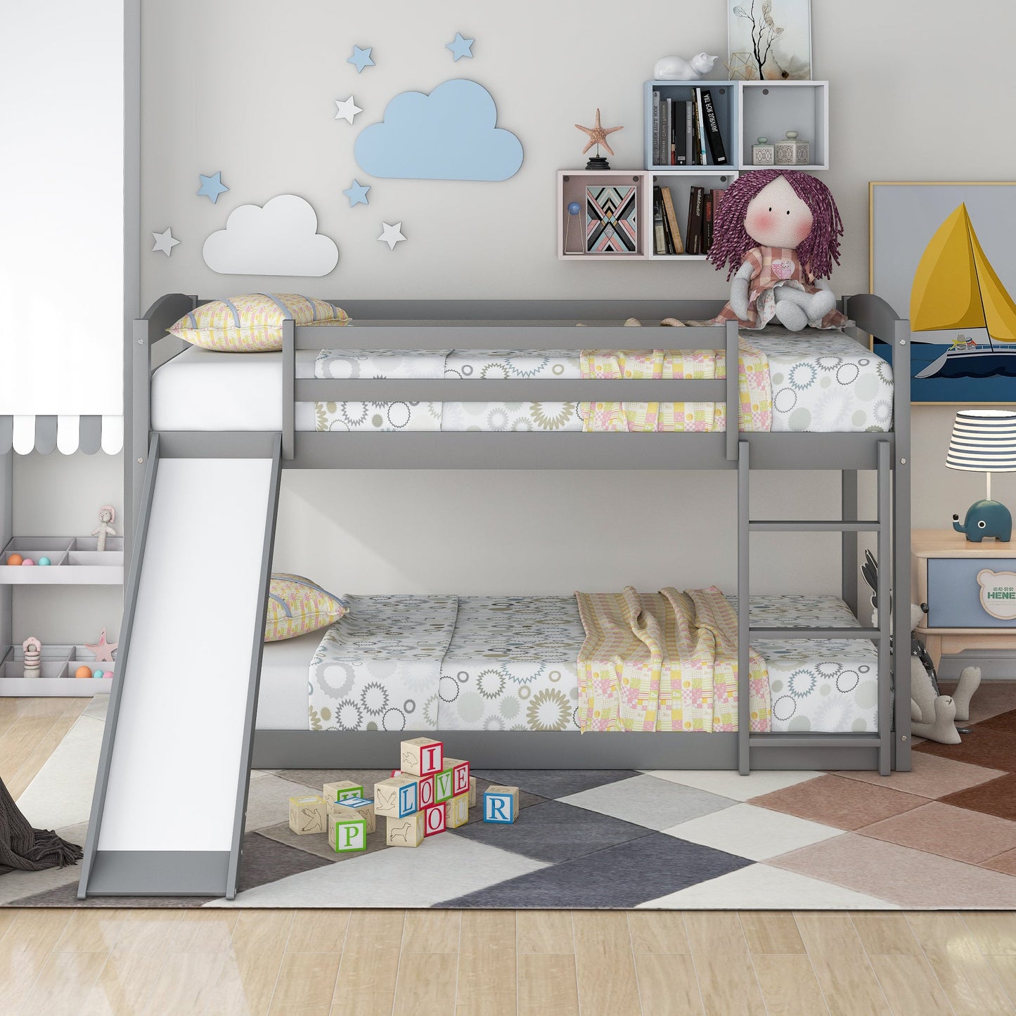 Twin over Twin Bunk Bed with Convertible Slide and Ladder Gray - Korvel