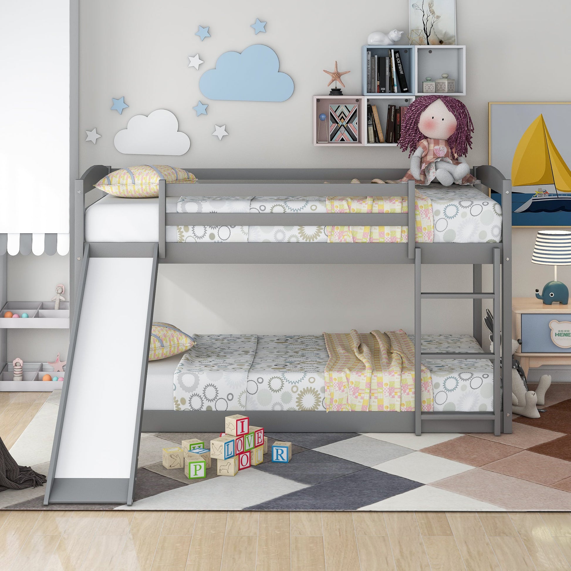 Twin over Twin Bunk Bed with Convertible Slide and Ladder Gray - Korvel