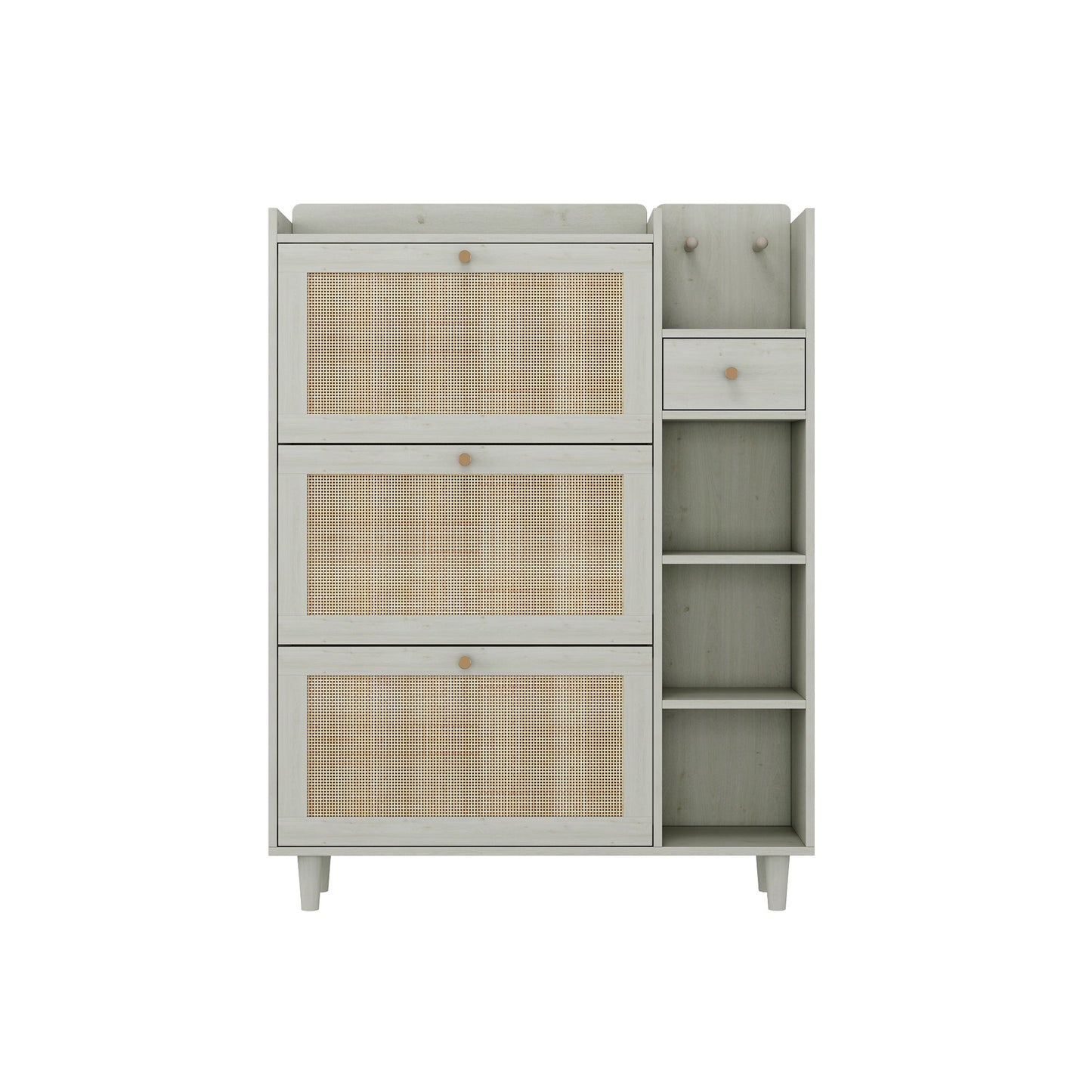 Natural Bohemian style shoe cabinet with 3 rattan flip drawers, 3 square shelves, and 1 storage drawer, white - Korvel