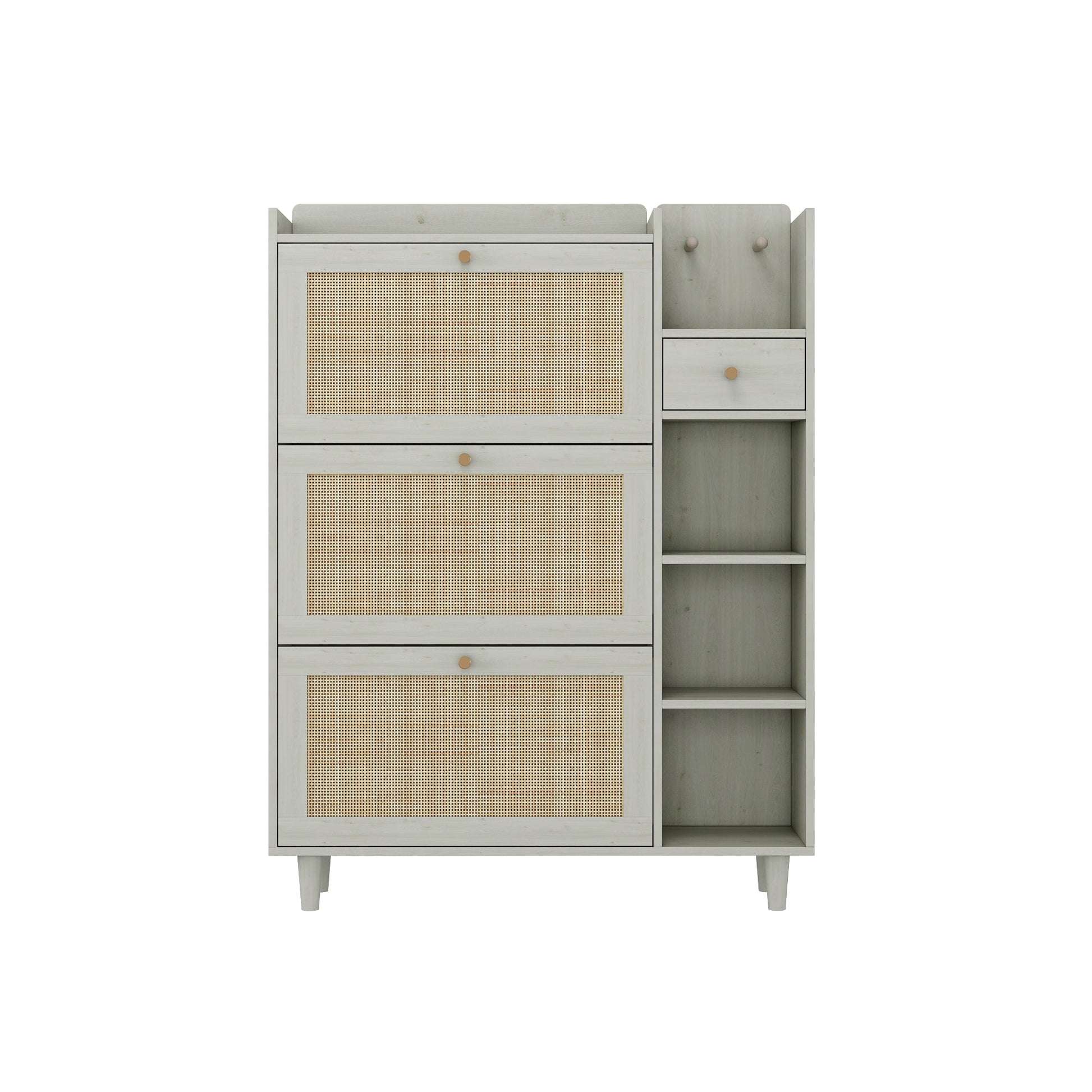 Natural Bohemian style shoe cabinet with 3 rattan flip drawers, 3 square shelves, and 1 storage drawer, white - Korvel