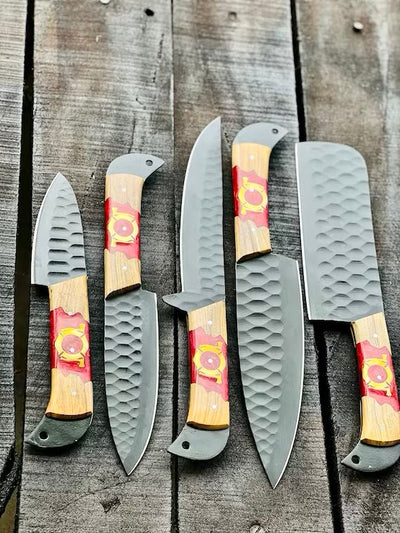 Premium Olivewood & Epoxy Stainless Steel Knife Set – 13" Forged Blades with Leather Sheath - Korvel